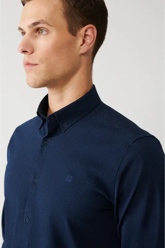 Erkek Lacivert Çizgili Pamuklu Kolay Ütülenebilir Slim Fit Gömlek A32Y2098 - Lacivert - 2