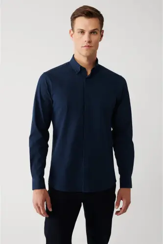 Erkek Lacivert Çizgili Pamuklu Kolay Ütülenebilir Slim Fit Gömlek A32Y2098 - Lacivert - 3