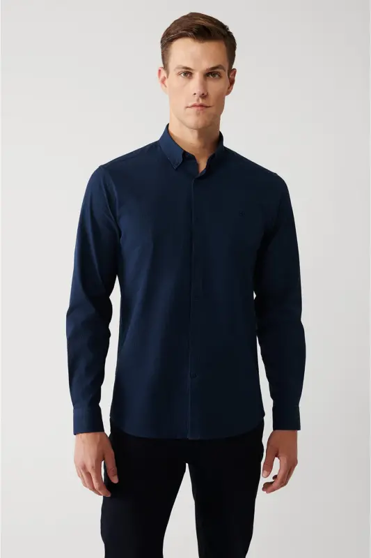 Erkek Lacivert Çizgili Pamuklu Kolay Ütülenebilir Slim Fit Gömlek A32Y2098 - Lacivert - 3