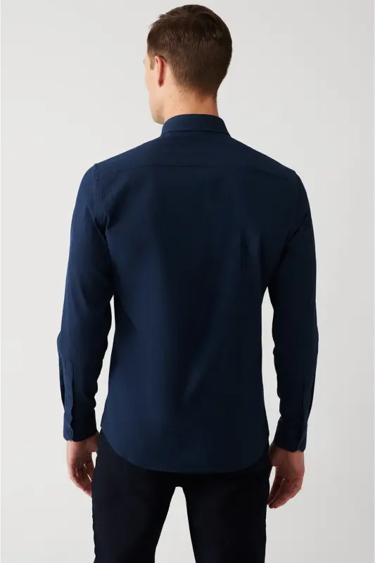 Erkek Lacivert Çizgili Pamuklu Kolay Ütülenebilir Slim Fit Gömlek A32Y2098 - Lacivert - 4