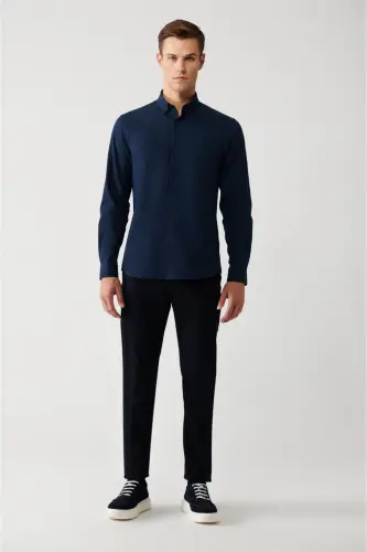 Erkek Lacivert Çizgili Pamuklu Kolay Ütülenebilir Slim Fit Gömlek A32Y2098 - Lacivert - 5