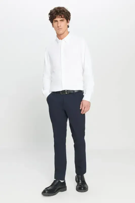 Erkek Lacivert Kanvas Slim Fit Dar Kesim Yan Cep Esnek Chino Pantolon-Lacivert - 2