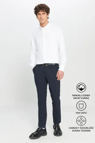 Erkek Lacivert Kanvas Diz İzi Yapmayan Slim Fit Dar Kesim Yan Cep Esnek Casual Pantolon - Lacivert 