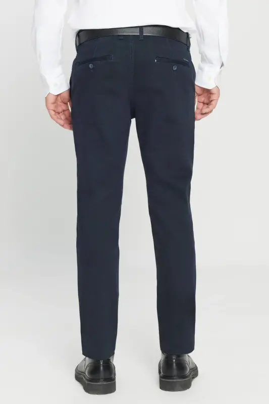 Erkek Lacivert Kanvas Slim Fit Dar Kesim Yan Cep Esnek Chino Pantolon - 7