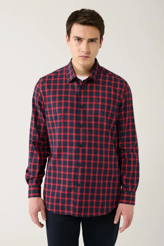Erkek Lacivert-Kırmızı Klasik Yaka Ekose Desenli Flanel Comfort Fit Gömlek A32Y2158 - Lacivert-Kırmızı - 3