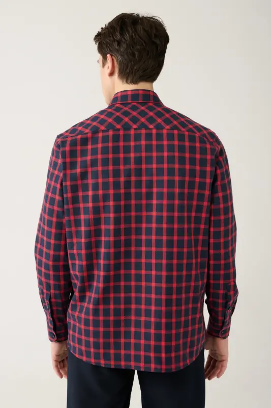 Erkek Lacivert-Kırmızı Klasik Yaka Ekose Desenli Flanel Comfort Fit Gömlek A32Y2158 - Lacivert-Kırmızı - 4