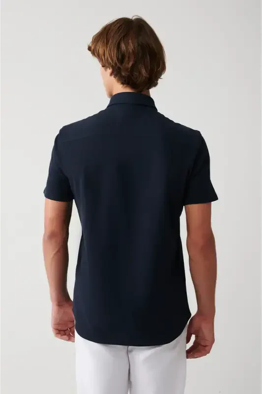 Erkek Lacivert Kolay Ütülenebilir Klasik Yaka Örme Likralı Pamuklu Kısa Kollu Gömlek E002051-Lacivert - 4