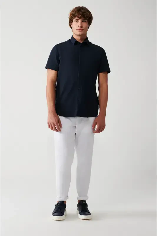 Erkek Lacivert Kolay Ütülenebilir Klasik Yaka Örme Likralı Pamuklu Kısa Kollu Gömlek E002051-Lacivert - 5