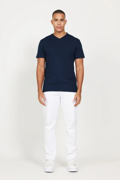 Erkek Lacivert-Lacivert 2'li Paket Slim Fit Dar Kesim Pamuklu Basic Tişört-LACIVERT - 5