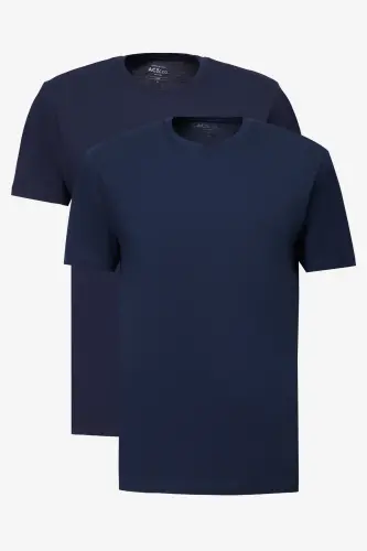 Erkek Lacivert-Lacivert 2'li Paket Slim Fit Dar Kesim Pamuklu Basic Tişört - LACIVERT-LACIVERT - 1