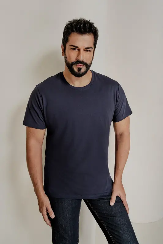 Erkek Lacivert-Lacivert 2'li Paket Slim Fit Dar Kesim Pamuklu Basic Tişört - LACIVERT-LACIVERT - 2