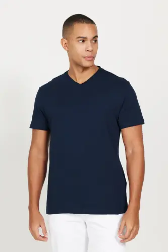 Erkek Lacivert-Lacivert 2'li Paket Slim Fit Dar Kesim Pamuklu Basic Tişört - LACIVERT-LACIVERT - 3