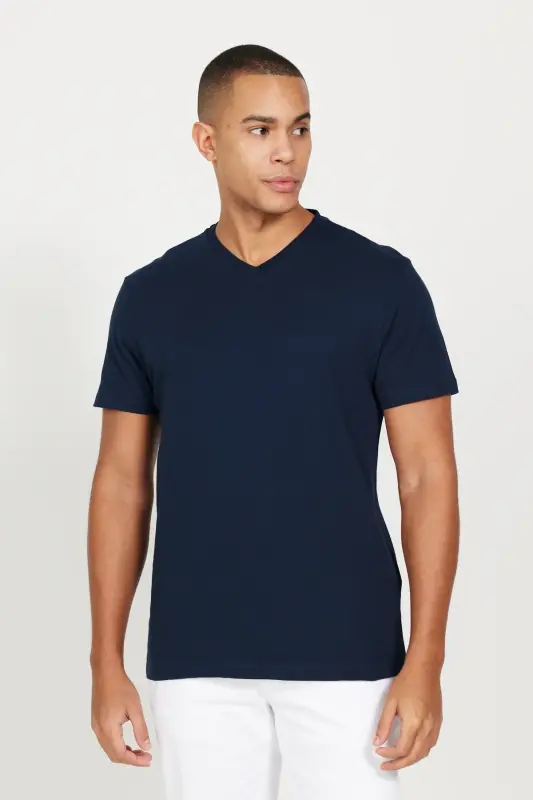 Erkek Lacivert-Lacivert 2'li Paket Slim Fit Dar Kesim Pamuklu Basic Tişört - LACIVERT-LACIVERT - 3