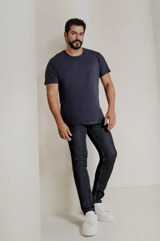 Erkek Lacivert-Lacivert 2'li Paket Slim Fit Dar Kesim Pamuklu Basic Tişört - LACIVERT-LACIVERT - 4