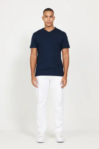 Erkek Lacivert-Lacivert 2'li Paket Slim Fit Dar Kesim Pamuklu Basic Tişört - LACIVERT-LACIVERT - 5