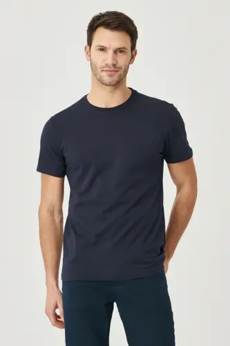 Erkek Lacivert-Lacivert 2'li Paket Slim Fit Dar Kesim Pamuklu Basic Tişört - LACIVERT-LACIVERT - 6