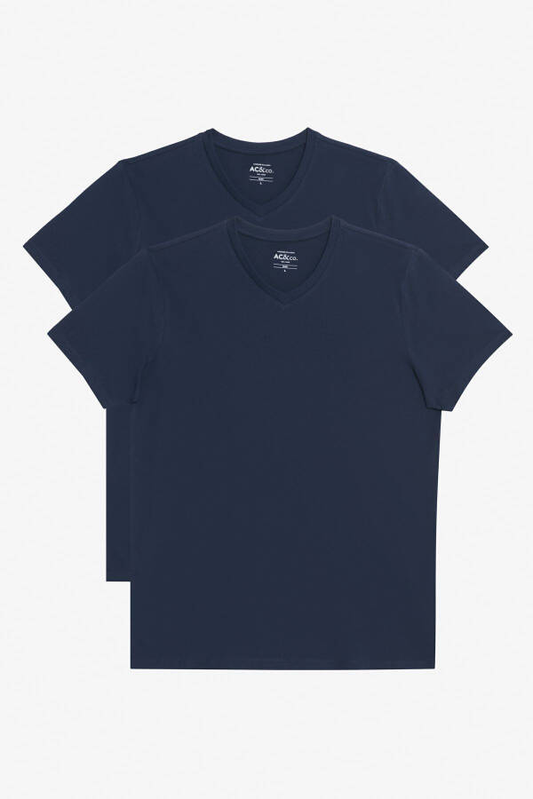 Erkek Lacivert-lacivert 2'li V Yaka %100 Pamuk Slim Fit Dar Kesim Basic Tişört - LACIVERT-LACIVERT - 1