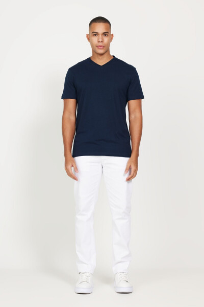 Erkek Lacivert-lacivert 2'li V Yaka %100 Pamuk Slim Fit Dar Kesim Basic Tişört - LACIVERT-LACIVERT - 3