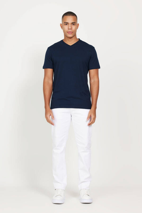 Erkek Lacivert-lacivert 2'li V Yaka %100 Pamuk Slim Fit Dar Kesim Basic Tişört - LACIVERT-LACIVERT - 3