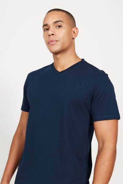 Erkek Lacivert-lacivert 2'li V Yaka %100 Pamuk Slim Fit Dar Kesim Basic Tişört - LACIVERT-LACIVERT - 4