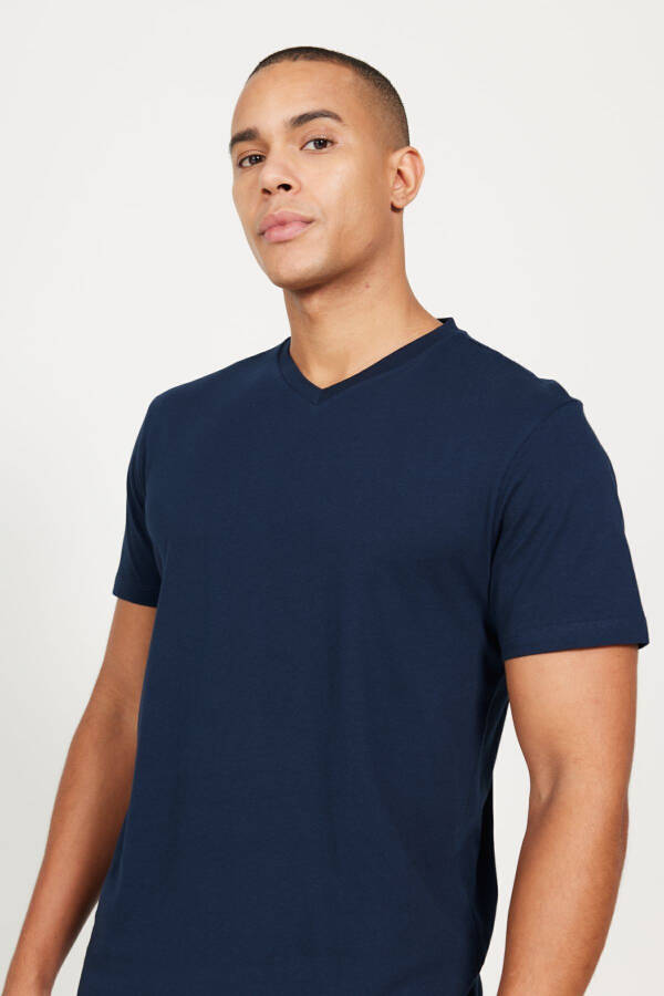 Erkek Lacivert-lacivert 2'li V Yaka %100 Pamuk Slim Fit Dar Kesim Basic Tişört - LACIVERT-LACIVERT - 4