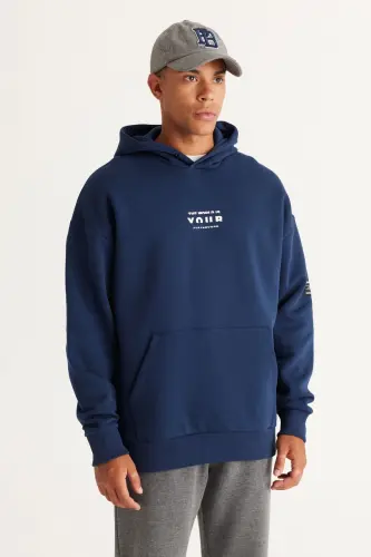 Erkek Lacivert Oversize Fit Bol Kesim Kapüşonlu Içi Polarlı 3 Iplik Pamuklu Sweatshirt - Lacivert 