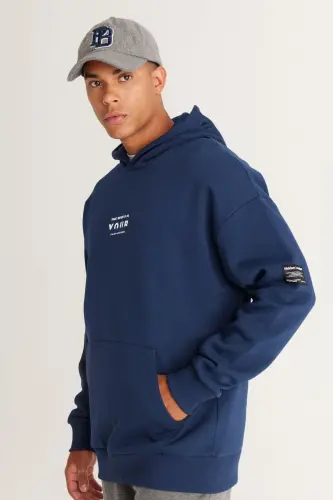 Erkek Lacivert Oversize Fit Bol Kesim Kapüşonlu Içi Polarlı 3 Iplik Pamuklu Sweatshirt - Lacivert - 3