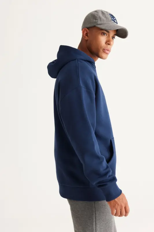 Erkek Lacivert Oversize Fit Bol Kesim Kapüşonlu Içi Polarlı 3 Iplik Pamuklu Sweatshirt - Lacivert - 4