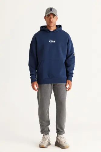 Erkek Lacivert Oversize Fit Bol Kesim Kapüşonlu Içi Polarlı 3 Iplik Pamuklu Sweatshirt - Lacivert - 5