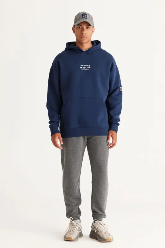 Erkek Lacivert Oversize Fit Bol Kesim Kapüşonlu Içi Polarlı 3 Iplik Pamuklu Sweatshirt - Lacivert - 5