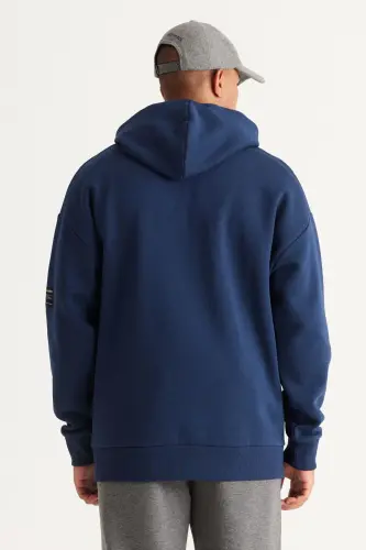 Erkek Lacivert Oversize Fit Bol Kesim Kapüşonlu Içi Polarlı 3 Iplik Pamuklu Sweatshirt - Lacivert - 6