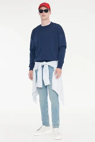 Erkek Lacivert Oversize Fit Bol Kesim Pamuklu Içi Polarlı 3 Iplik Bisiklet Yaka Sweatshirt - Lacivert - 2