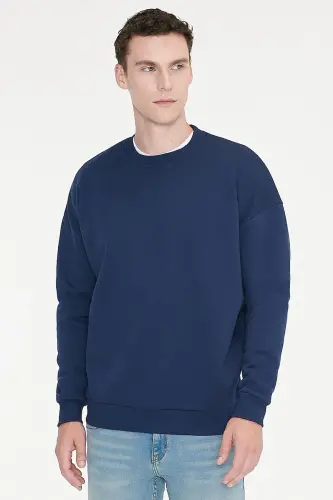 Erkek Lacivert Oversize Fit Bol Kesim Pamuklu Içi Polarlı 3 Iplik Bisiklet Yaka Sweatshirt - Lacivert - 3