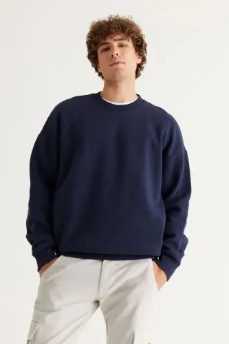 Erkek Lacivert Oversize Fit Bol Kesim Pamuklu Içi Polarlı 3 Iplik Bisiklet Yaka Sweatshirt - Lacivert - 3
