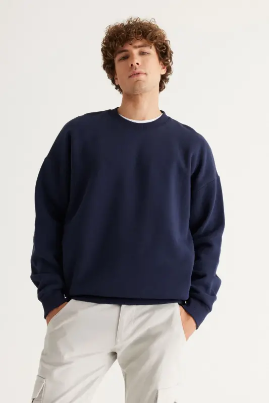 Erkek Lacivert Oversize Fit Bol Kesim Pamuklu Içi Polarlı 3 Iplik Bisiklet Yaka Sweatshirt - Lacivert - 3