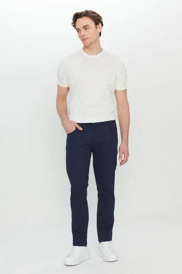 Erkek Lacivert Pamuklu Slim Fit Dar Kesim 5 Cep Esnek Casual Pantolon-Lacivert - 3