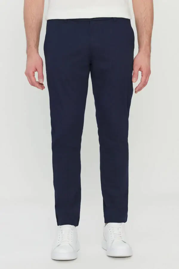 Erkek Lacivert Pamuklu Slim Fit Dar Kesim Yan Cep Esnek Casual Pantolon-Lacivert - 1