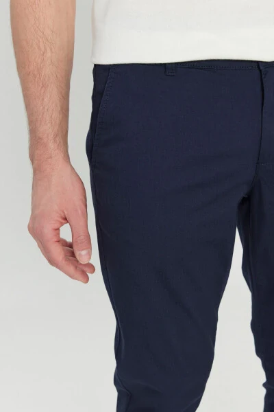 Erkek Lacivert Pamuklu Slim Fit Dar Kesim Yan Cep Esnek Casual Pantolon-Lacivert - 4