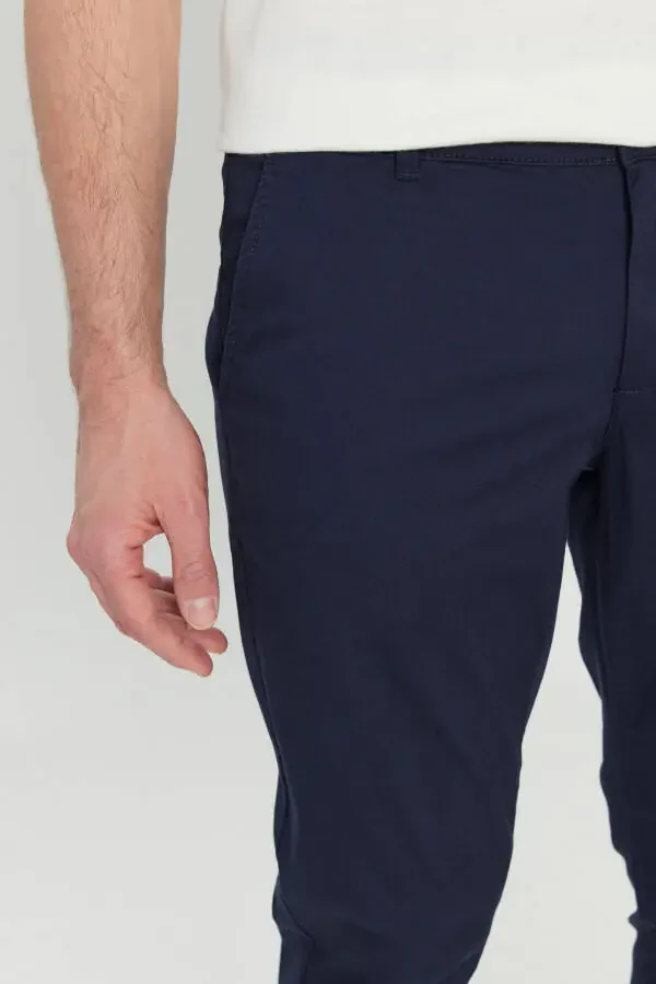 Erkek Lacivert Pamuklu Slim Fit Dar Kesim Yan Cep Esnek Casual Pantolon-Lacivert - 4