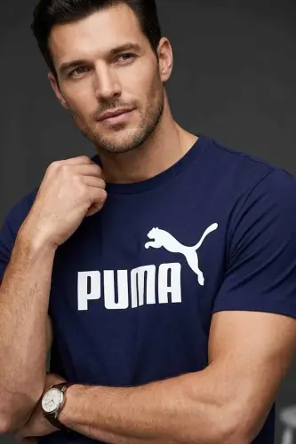 Erkek Lacivert Pamuklu Tişört - Beyaz Logo Baskılı Kısa Kollu Spor T-Shirt - Lacivert-C1 