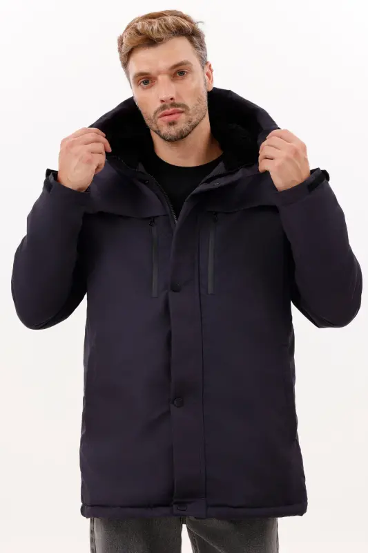 Erkek Lacivert Polarlı Kürklü Su Ve Rüzgar Geçirmez Kapüşonlu Kışlık Mont & Kaban & Parka - LACİ - 2
