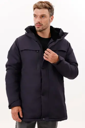 Erkek Lacivert Polarlı Kürklü Su Ve Rüzgar Geçirmez Kapüşonlu Kışlık Mont & Kaban & Parka - LACİ - 4