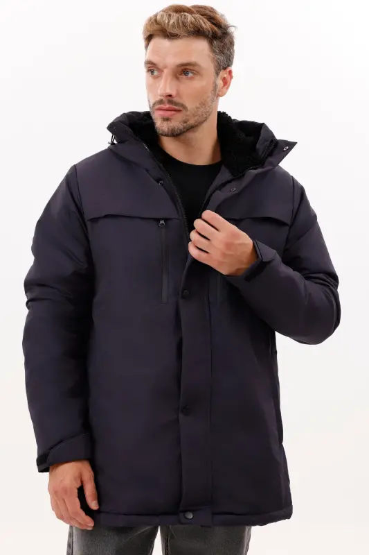 Erkek Lacivert Polarlı Kürklü Su Ve Rüzgar Geçirmez Kapüşonlu Kışlık Mont & Kaban & Parka - LACİ - 4