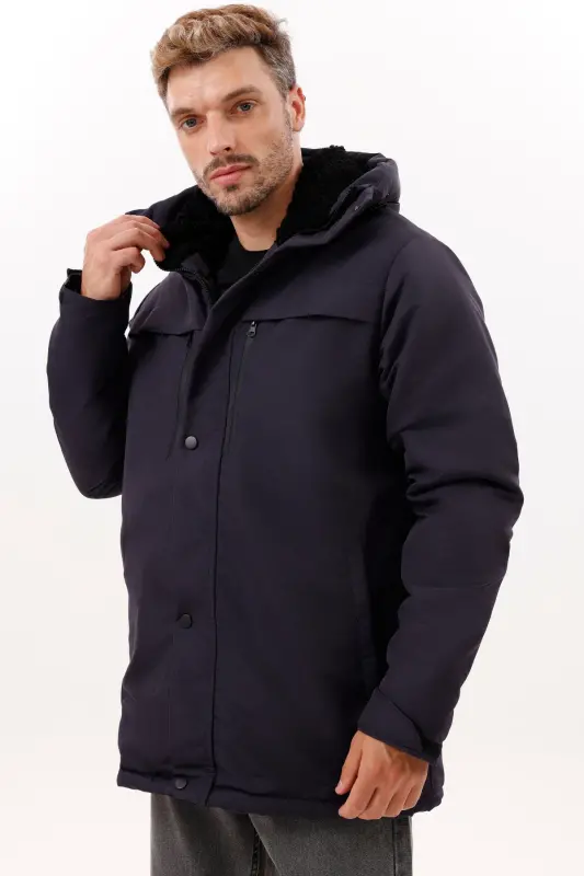 Erkek Lacivert Polarlı Kürklü Su Ve Rüzgar Geçirmez Kapüşonlu Kışlık Mont & Kaban & Parka - LACİ - 5