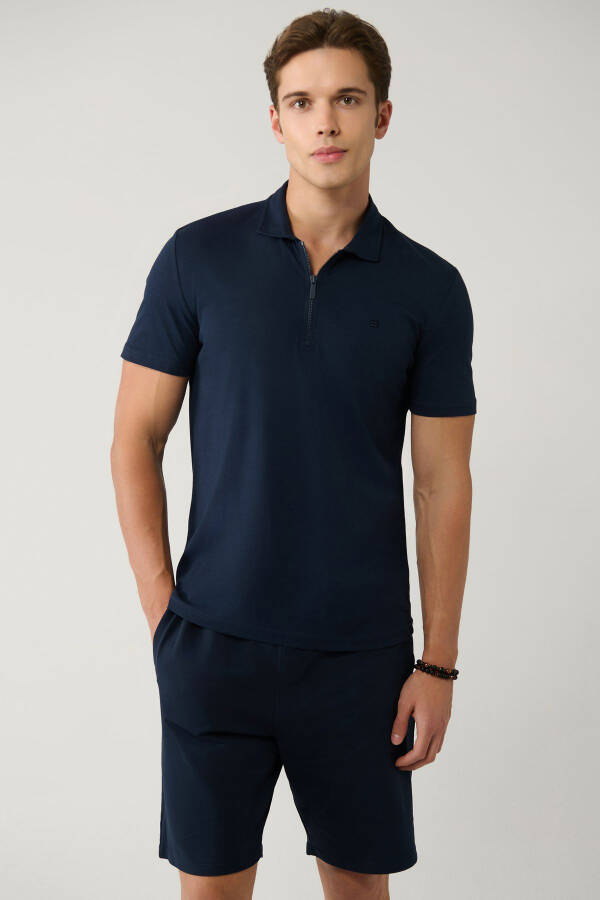 Erkek Lacivert Polo Yaka T-shirt %100 Pamuk Fermuarlı Regular Fit E001034 - 8