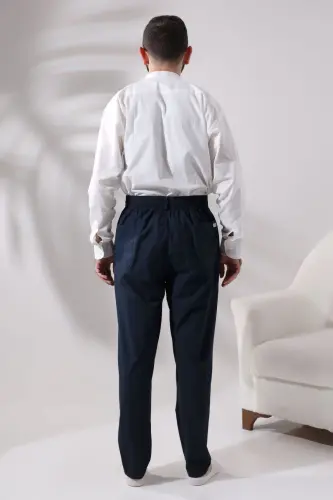 Erkek Lacivert Rahat Kesim Beli Lastikli Keten Hac ve Umre Şalvar Pantolon-Lacivert - 6