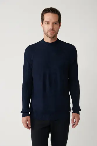 Erkek Lacivert Yüksek Bisiklet Yaka Kamuflaj Desenli Rayon Kazak A32Y5046 - Lacivert - 3