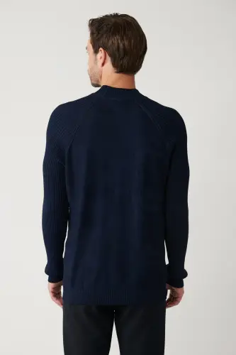 Erkek Lacivert Yüksek Bisiklet Yaka Kamuflaj Desenli Rayon Kazak A32Y5046 - Lacivert - 4