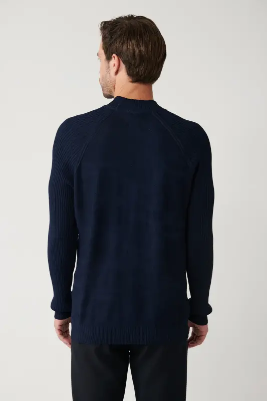 Erkek Lacivert Yüksek Bisiklet Yaka Kamuflaj Desenli Rayon Kazak A32Y5046 - Lacivert - 4