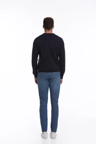 Erkek Lacivert Regular Fit %100 Pamuk Bisiklet Yaka Triko Kazak-Lacivert - 7